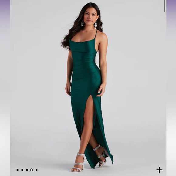 green emerald velvet dress Draped Satin One Shoulder Slit Gown by Ladivine CD327